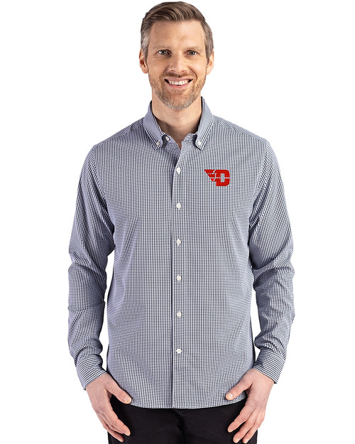 Dayton Flyers Cutter & Buck Skyline Epic Confidence Recycled Gingham Mens Long Sleeve Dress Shirt Navy Blue/White Front