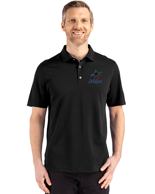 Miami Marlins Cutter & Buck Advantage Refresh Epic Confidence Recycled Mens Big & Tall Tri-Blend Pique Polo Black Front
