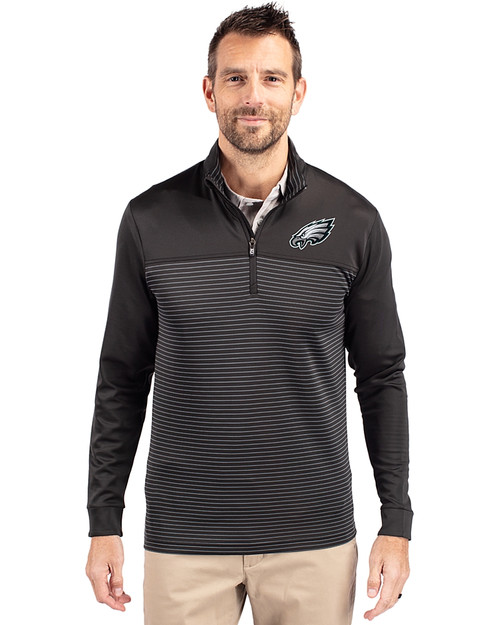 Philadelphia Eagles Cutter & Buck Traverse Stretch Eco Stripe Quarter Zip Mens Pullover Black Front