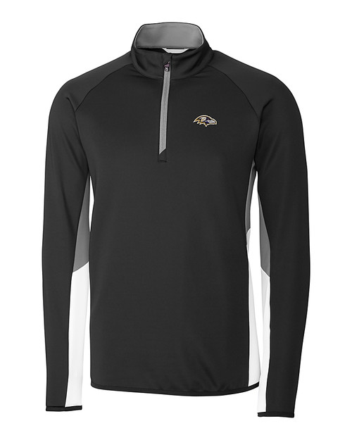 Baltimore Ravens Cutter & Buck Traverse Colorblock Stretch Quarter Zip Mens Pullover Black Mannequin