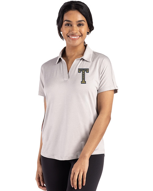 GA Tech Yellow Jackets College Vault Cutter & Buck Coastline Epic Comfort Recycled Womens Dolman Polo CONCRETE Front