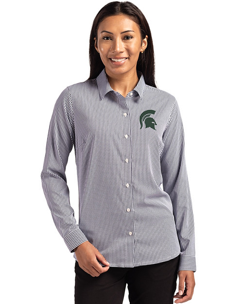 Michigan State Spartans Cutter & Buck Skyline Epic Confidence Recycled Gingham Womens Long Sleeve Dress Shirt  Black/White Front