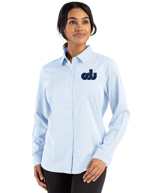 Old Dominion Monarchs College Vault Cutter & Buck Skyline Recycled Gingham Womens Long Sleeve Spread Collar Dress Shirt Atlas/White Front