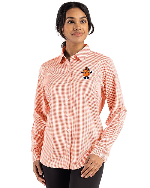 Syracuse Orange College Vault Cutter & Buck Skyline Recycled Gingham Womens Long Sleeve Spread Collar Dress Shirt College Orange/White Front