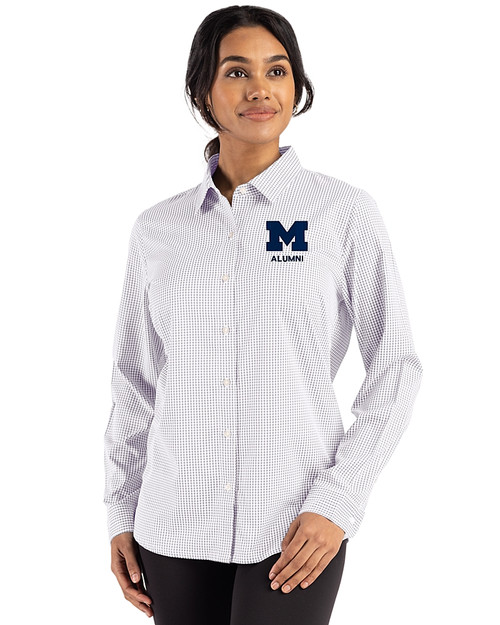 Michigan Wolverines Alumni Cutter & Buck Skyline Epic Confidence Recycled Gingham Womens Long Sleeve Dress Shirt  Concrete/White Front