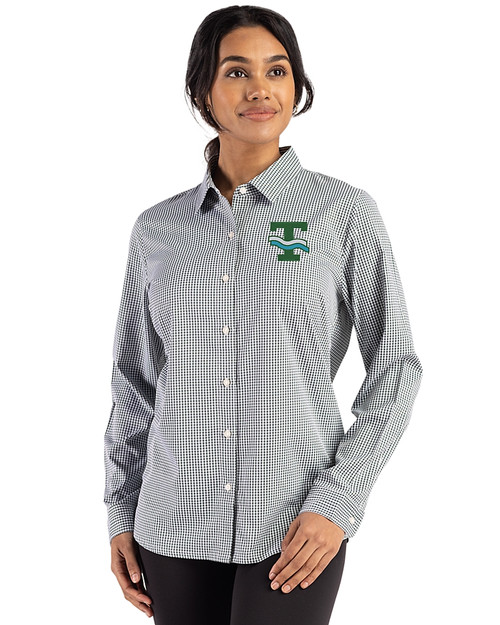 Tulane Green Wave College Vault Cutter & Buck Skyline Epic Confidence Recycled Gingham Womens Long Sleeve Dress Shirt  Hunter/White Front