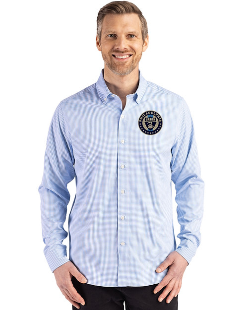 Philadelphia Union Cutter & Buck Skyline Recycled Gingham Mens Big & Tall Long Sleeve Button Down  Dress Shirt Atlas/White Front