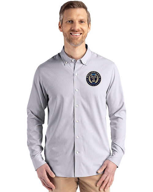 Philadelphia Union Cutter & Buck Skyline Epic Confidence Recycled Pinstripe Mens Big & Tall Long Sleeve Dress Shirt Elemental Grey/White Front