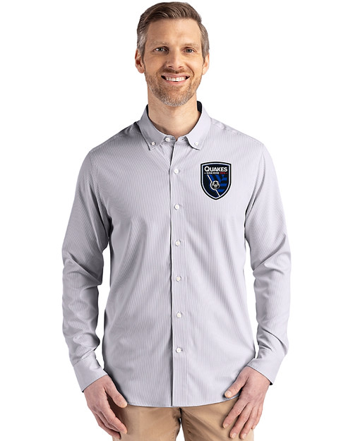 San Jose Earthquakes Cutter & Buck Skyline Recycled Pinstripe Mens Big & Tall Long Sleeve Button Down  Dress Shirt Elemental Grey/White Front