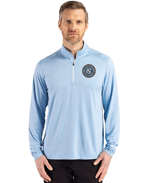 New York City FC Cutter & Buck Coastline Epic Comfort Recycled Mens Quarter Zip Atlas Light Blue Front