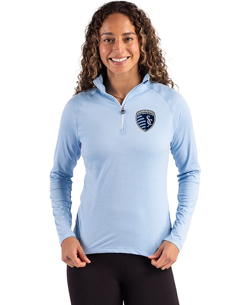 Sporting Kansas City Cutter & Buck Coastline Epic Comfort Recycled Women’s Quarter Zip Atlas Light Blue Front