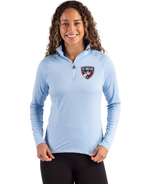 FC Dallas Cutter & Buck Coastline Epic Comfort Recycled Women’s Quarter Zip Atlas Light Blue Front