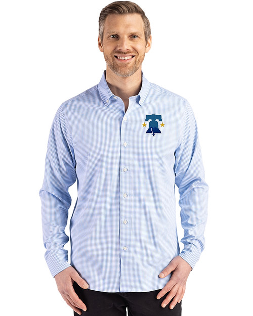 Philadelphia Phillies City Connect Cutter & Buck Skyline Recycled Gingham Mens Big & Tall Long Sleeve Button Down  Dress Shirt Atlas/White Front