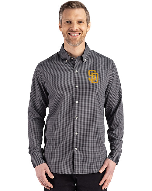 San Diego Padres Cutter & Buck Skyline Epic Confidence Recycled Gingham Mens Big & Tall Long Sleeve Dress Shirt Black/Elemental Grey Front