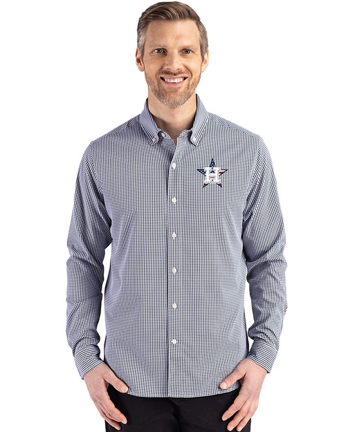 Houston Astros Stars & Stripes Cutter & Buck Skyline Epic Confidence Recycled Gingham Mens Big & Tall Long Sleeve Dress Shirt Navy Blue/White Front