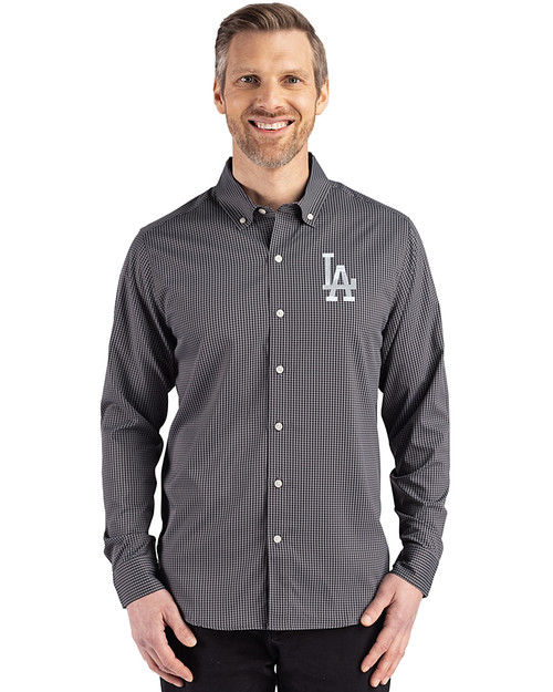 Los Angeles Dodgers Cutter & Buck Skyline Epic Confidence Recycled Gingham Mens Big & Tall Long Sleeve Dress Shirt Black/Elemental Grey Front