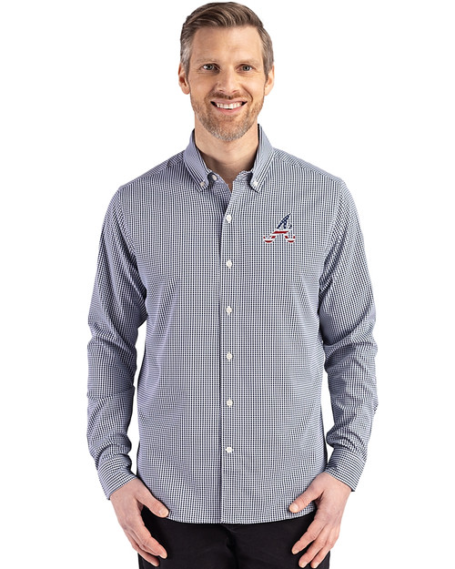 Atlanta Braves Stars & Stripes Cutter & Buck Skyline Epic Confidence Recycled Gingham Mens Big & Tall Long Sleeve Dress Shirt Navy Blue/White Front
