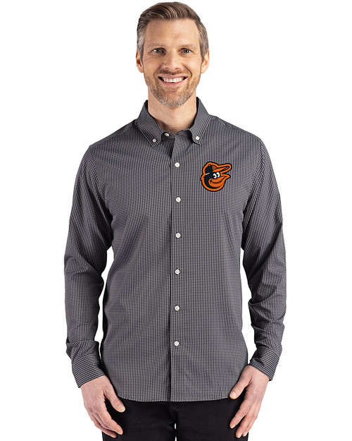 Baltimore Orioles Cutter & Buck Skyline Epic Confidence Recycled Gingham Mens Big & Tall Long Sleeve Dress Shirt Black/Elemental Grey Front
