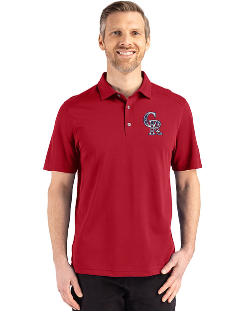 Colorado Rockies Stars & Stripes Cutter & Buck Advantage Refresh Epic Confidence Recycled Mens Tri-Blend Pique Polo Cardinal Red Front