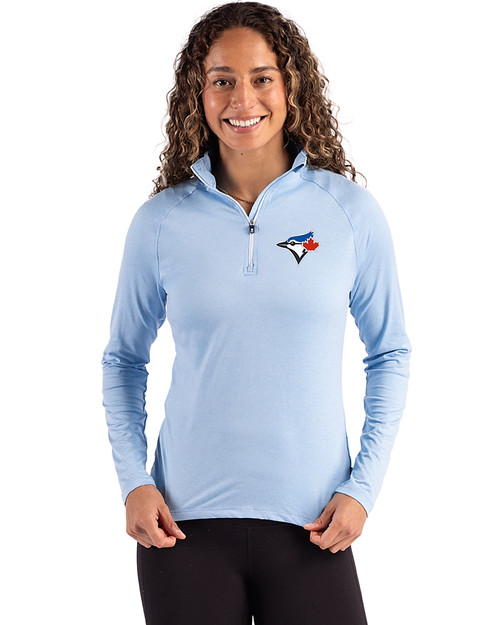 Toronto Blue Jays Cutter & Buck Coastline Recycled Double Peached Womens Quarter Zip Pullover Atlas Light Blue Front