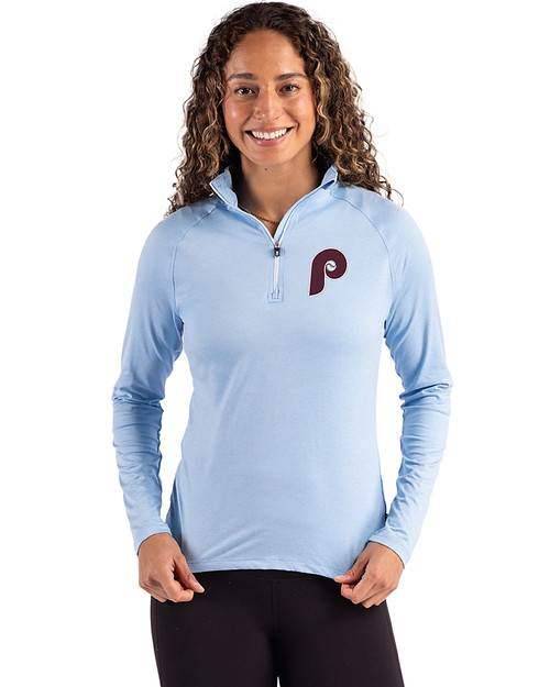 Philadelphia Phillies Cooperstown Cutter & Buck Coastline Epic Comfort Recycled Women’s Quarter Zip Atlas Light Blue Front