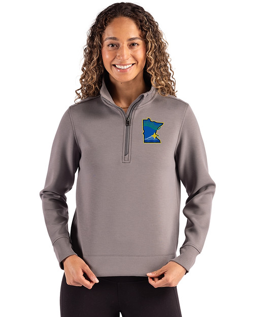 Minnesota Twins City Connect Cutter & Buck Roam Epic Versatility Recycled Womens Quarter Zip Pullover Elemental Grey Front