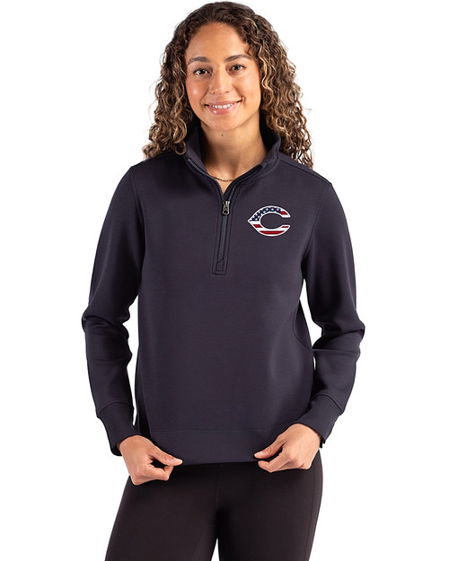 Cincinnati Reds Stars & Stripes Cutter & Buck Roam Epic Versatility Recycled Womens Quarter Zip Pullover Navy Blue Front