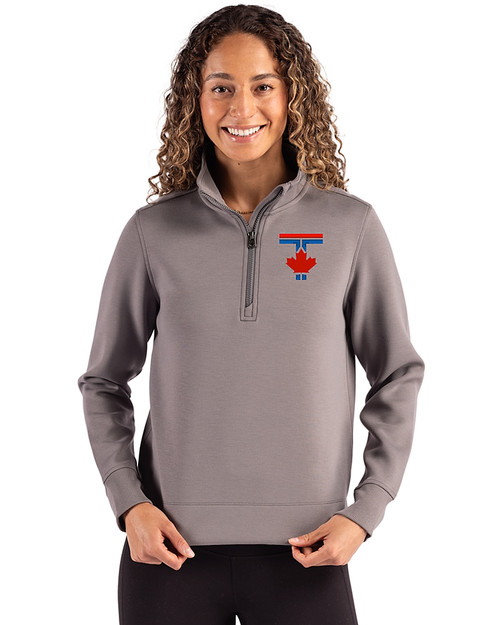 Toronto Blue Jays City Connect Cutter & Buck Roam Epic Versatility Recycled Womens Quarter Zip Pullover Elemental Grey Front