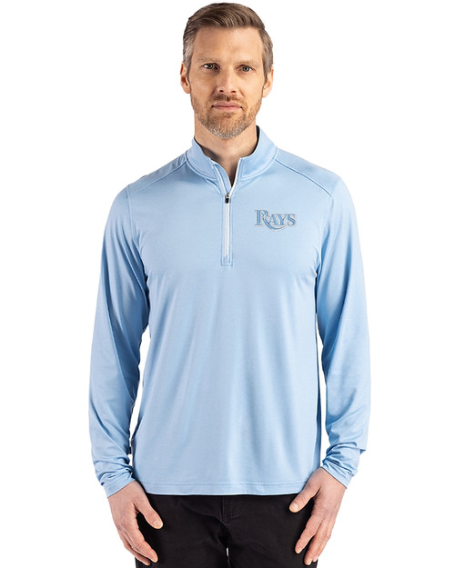 Tampa Bay Rays Mono Cutter & Buck Coastline Epic Comfort Recycled Mens Quarter Zip Atlas Light Blue Front