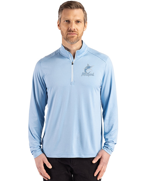 Miami Marlins Monochromatic Cutter & Buck Coastline Recycled Double Peached Mens Quarter Zip Pullover Atlas Light Blue Front