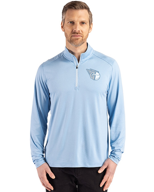 Cleveland Guardians Mono Cutter & Buck Coastline Epic Comfort Recycled Mens Quarter Zip Atlas Light Blue Front