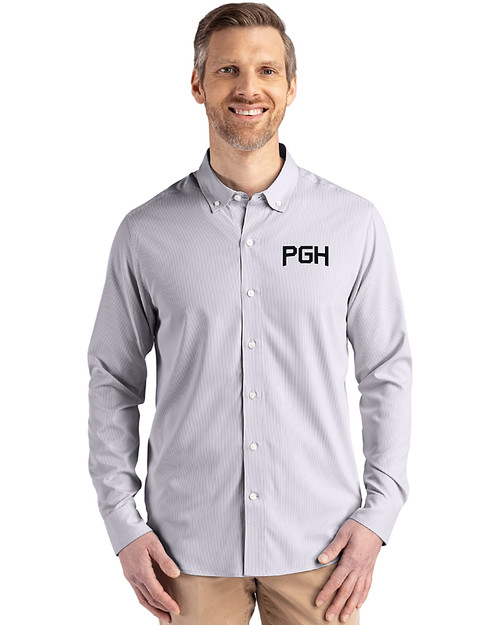 Pittsburgh Pirates City Connect Cutter & Buck Skyline Epic Confidence Recycled Pinstripe Mens Big & Tall Long Sleeve Dress Shirt Elemental Grey/White Front