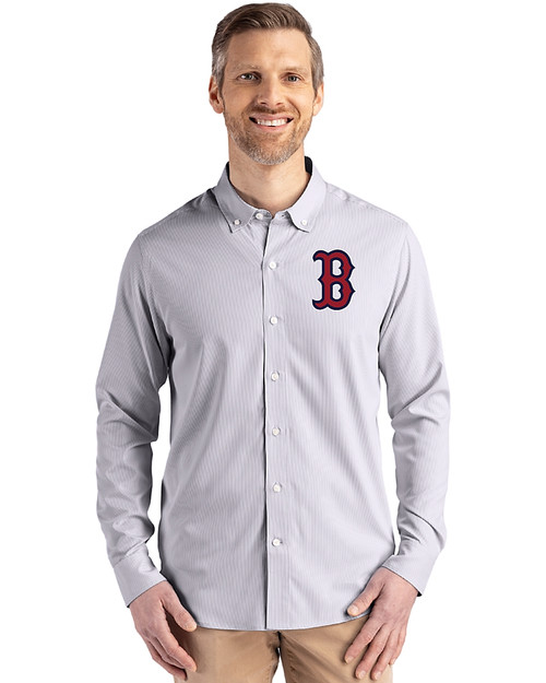 Boston Red Sox Cutter & Buck Skyline Epic Confidence Recycled Pinstripe Mens Big & Tall Long Sleeve Dress Shirt Elemental Grey/White Front