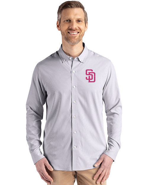 San Diego Padres City Connect Cutter & Buck Skyline Epic Confidence Recycled Pinstripe Mens Big & Tall Long Sleeve Dress Shirt Elemental Grey/White Front