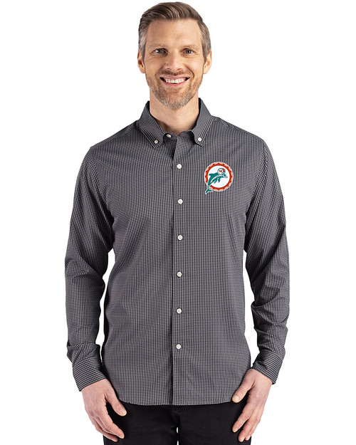 Miami Dolphins Historic Cutter & Buck Skyline Epic Confidence Recycled Gingham Mens Big & Tall Long Sleeve Dress Shirt Black/Elemental Grey Front