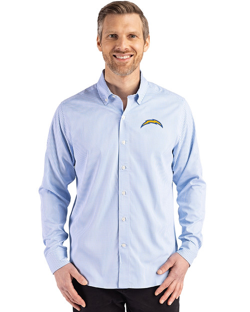 Los Angeles Chargers Cutter & Buck Skyline Epic Confidence Recycled Gingham Mens Big & Tall Long Sleeve Dress Shirt Atlas/White Front