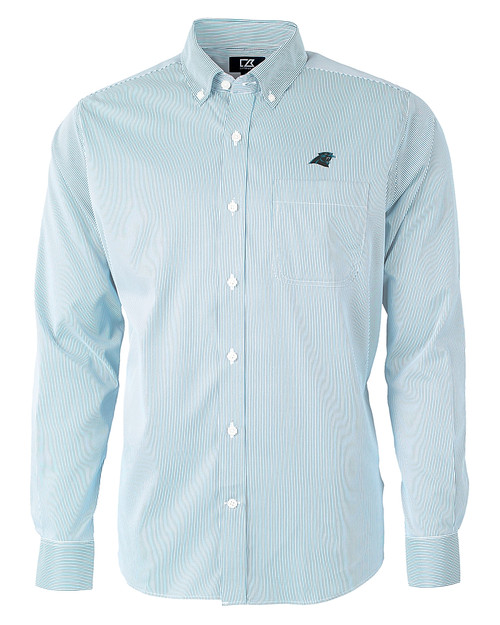 Carolina Panthers Cutter & Buck Versatech Pinstripe Stretch Mens Long Sleeve Dress Shirt Atlas Light Blue Mannequin