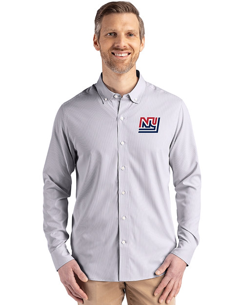 New York Giants Historic Cutter & Buck Skyline Recycled Pinstripe Mens Big & Tall Long Sleeve Button Down  Dress Shirt Elemental Grey/White Front