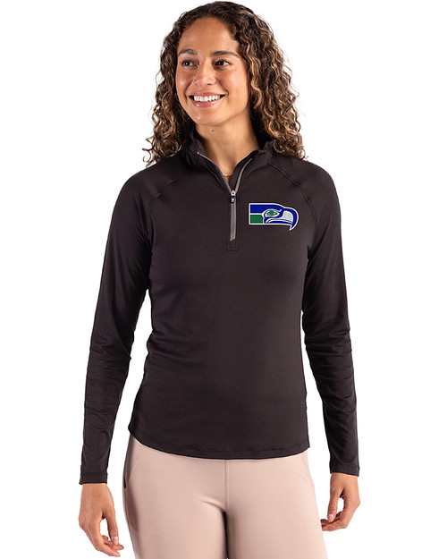 Seattle Seahawks Historic Cutter & Buck Coastline Epic Comfort Recycled Women’s Quarter Zip Black Front