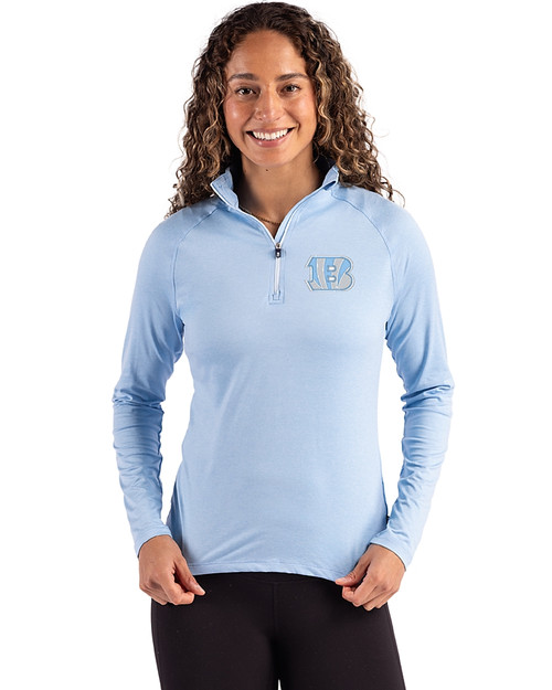 Cincinnati Bengals Mono Cutter & Buck Coastline Epic Comfort Recycled Women’s Quarter Zip Atlas Light Blue Front