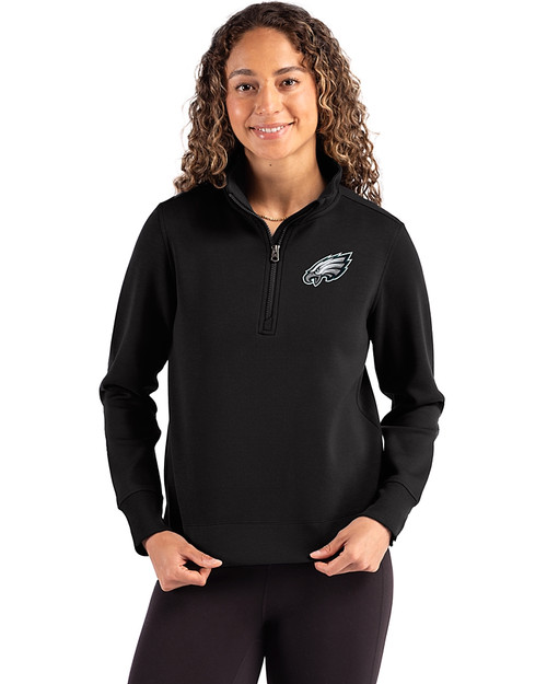 Philadelphia Eagles Cutter & Buck Roam Epic Versatility Recycled Womens Quarter Zip Pullover Black Front