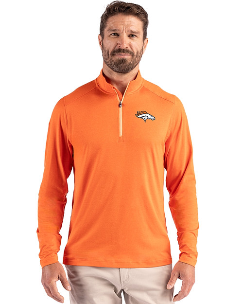 Denver Broncos Cutter & Buck Coastline Recycled Double Peached Mens Quarter Zip Pullover College Orange Front