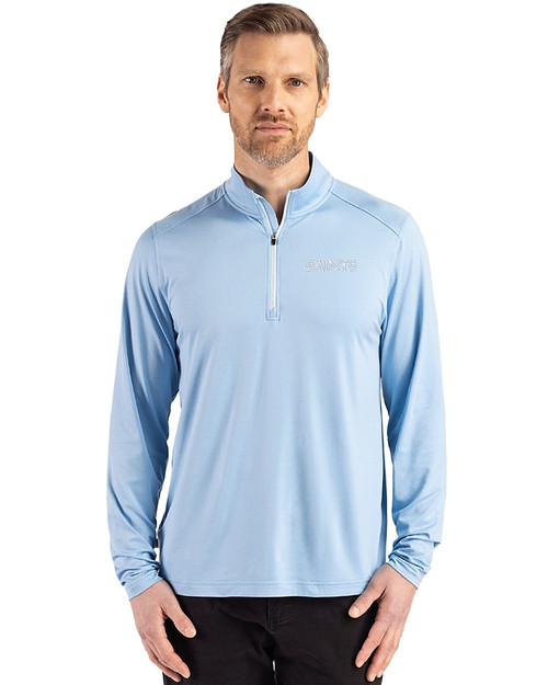 New Orleans Saints Mono Cutter & Buck Coastline Epic Comfort Recycled Mens Quarter Zip Atlas Light Blue Front