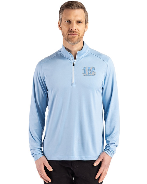 Cincinnati Bengals Mono Cutter & Buck Coastline Epic Comfort Recycled Mens Quarter Zip Atlas Light Blue Front