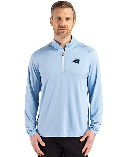 Carolina Panthers Cutter & Buck Coastline Recycled Double Peached Mens Quarter Zip Pullover Atlas Light Blue Front