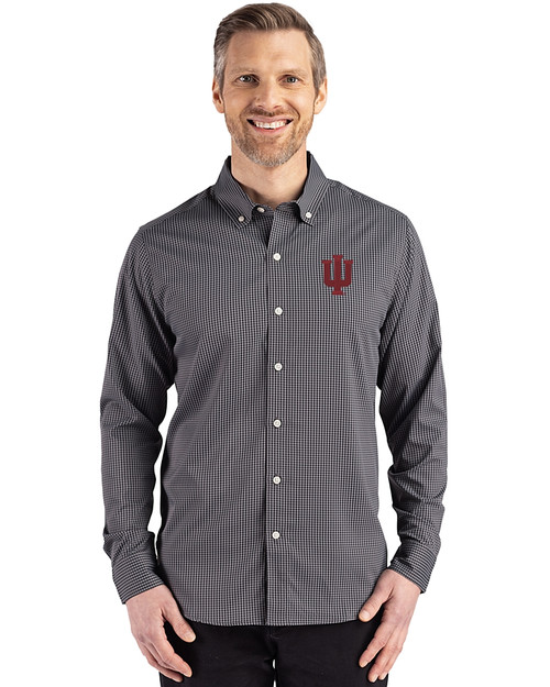 Indiana Hoosiers Cutter & Buck Skyline Epic Confidence Recycled Gingham Mens Big & Tall Long Sleeve Dress Shirt Black/Elemental Grey Front