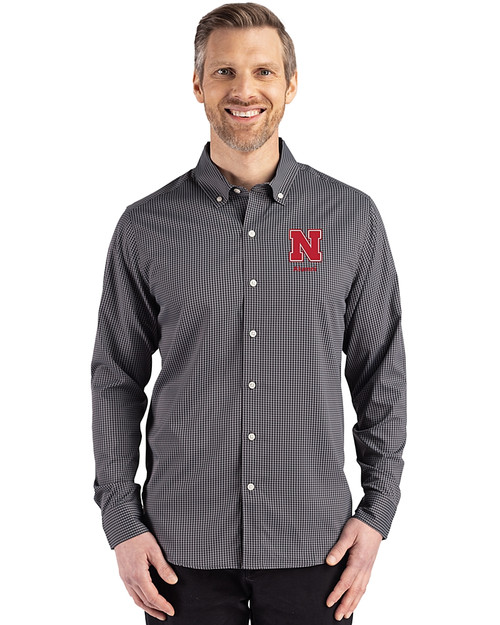Nebraska Cornhuskers Alumni Cutter & Buck Skyline Epic Confidence Recycled Gingham Mens Big & Tall Long Sleeve Dress Shirt Black/Elemental Grey Front