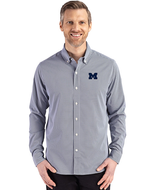 Michigan Wolverines Cutter & Buck Skyline Epic Confidence Recycled Gingham Mens Big & Tall Long Sleeve Dress Shirt Navy Blue/White Front