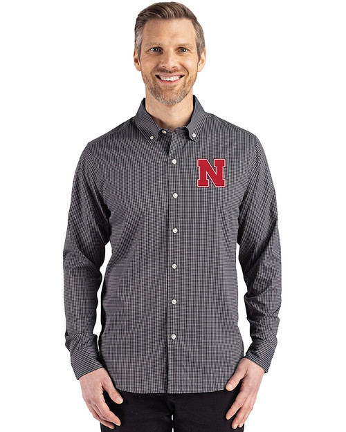 Nebraska Cornhuskers Cutter & Buck Skyline Epic Confidence Recycled Gingham Mens Big & Tall Long Sleeve Dress Shirt Black/Elemental Grey Front