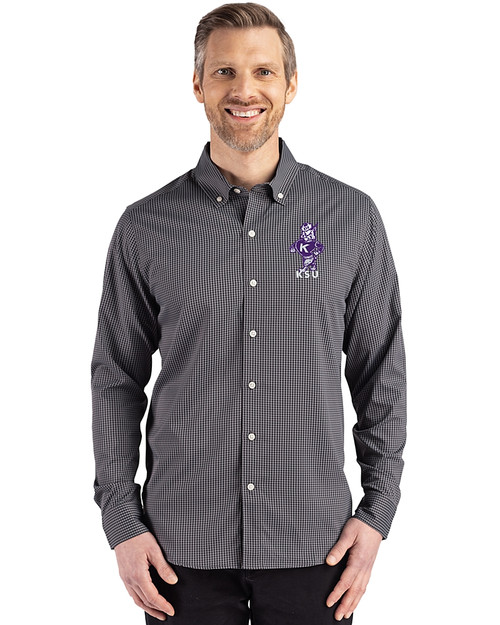 Kansas State Wildcats Wabash Vintage Cutter & Buck Skyline Epic Confidence Recycled Gingham Mens Big & Tall Long Sleeve Dress Shirt Black/Elemental Grey Front
